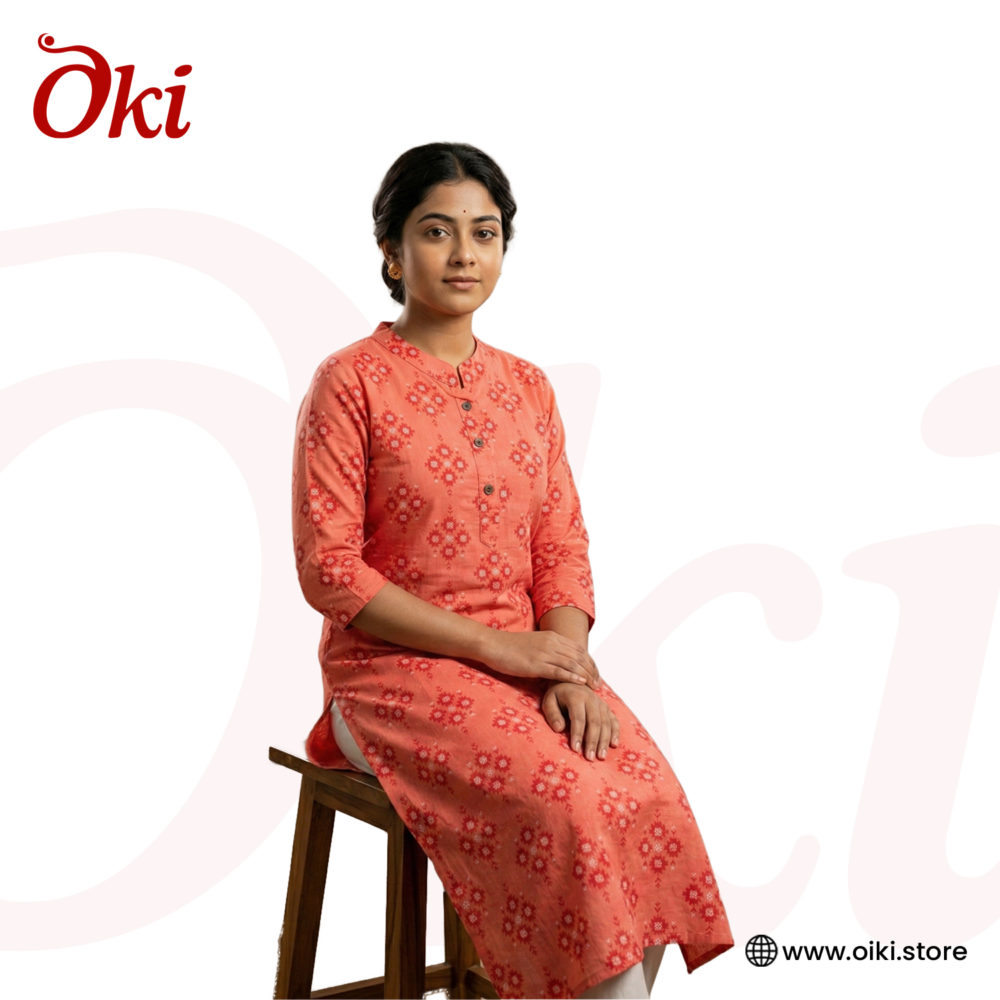 Oiki Elegant Coral Pink Floral Printed Cotton Kurti