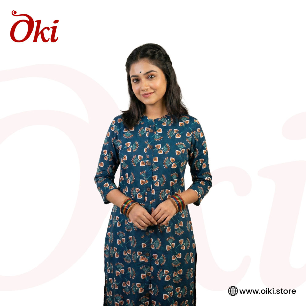 Oiki Ethnic Floral Printed Teal Blue Cotton Kurti