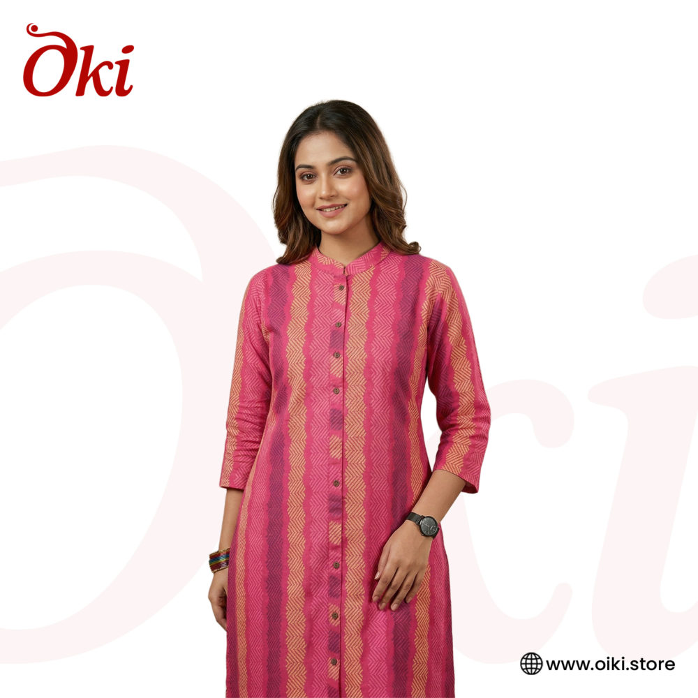 Oiki Vibrant Striped Cotton Kurti - Pink, Purple & Golden Beige