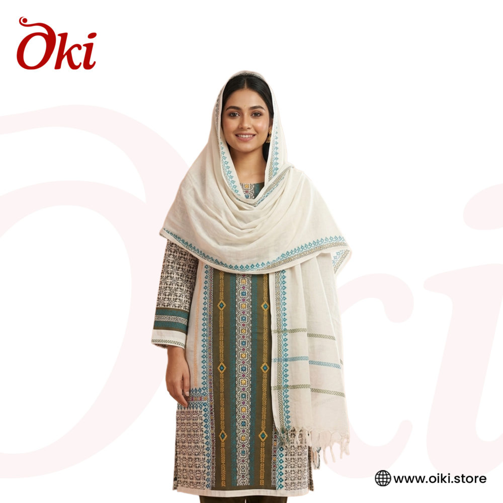 Oiki Exclusive Block Printed Cotton Three-Piece Set - Sage Green & Off-White