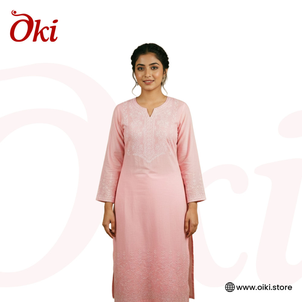 Oiki Elegant Baby Pink Embroidered Cotton Two-Piece Set